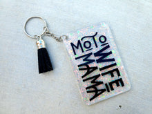 Load image into Gallery viewer, Black and White Moto Mom &amp; Wife Keychain
